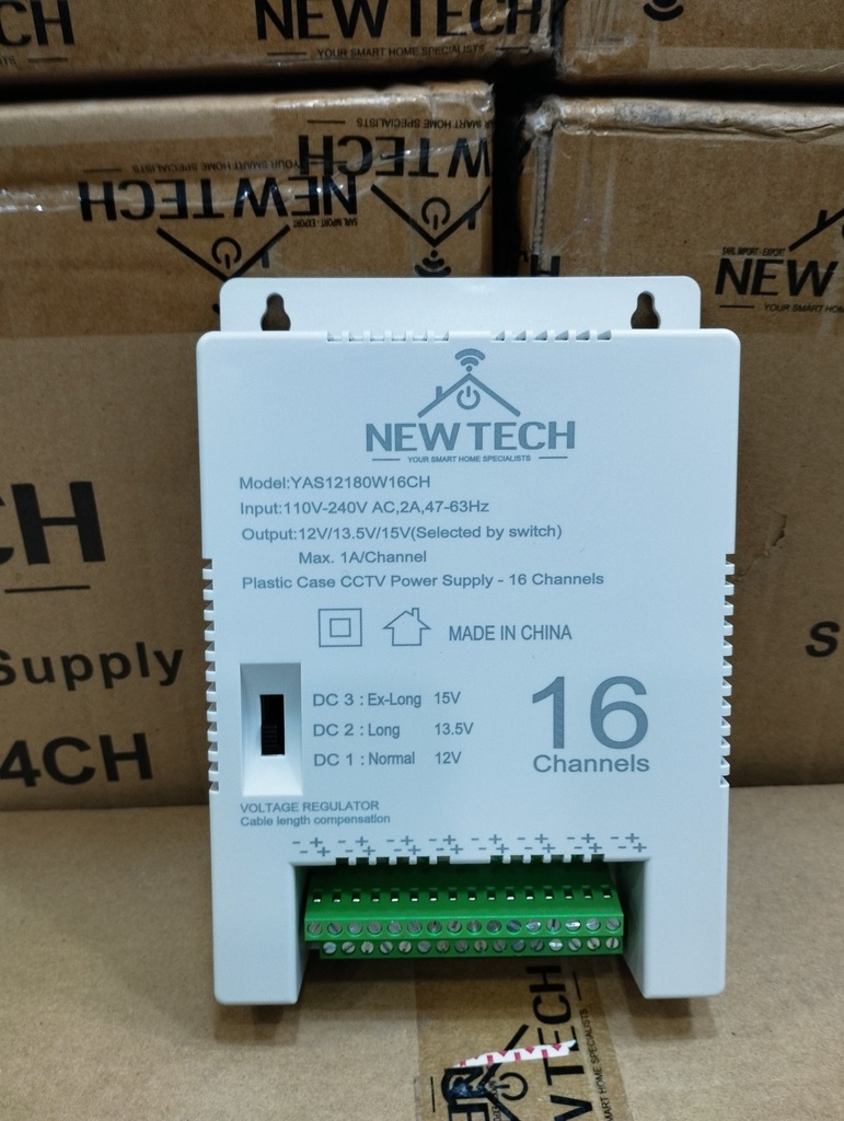 Bloc d'Alimentation CCTV PVC NEWTECH 16 Sorties 12v/13.5v/15v YAS12180W16CH