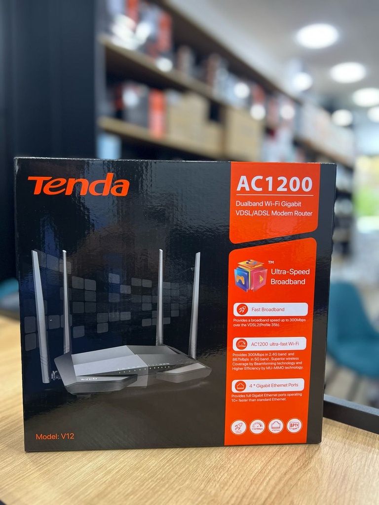 Tenda Modem Router Wifi V12, Wireless AC1200 Bi-Bande VDSL/ADSL Modem Router, 300Mbps on 2.4Hz + 867Mbps on 5Ghz, 3x Gigabit LAN Port + 1x WAN