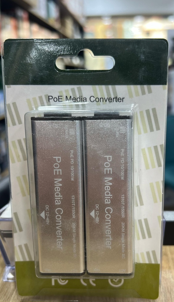 Convertisseur RJ45 PoE Fibre Optic SC Simplex Mono-Mode 20K 1310/1550nm 100mbps.