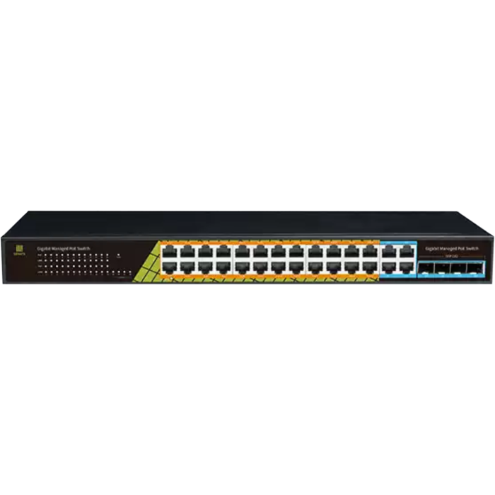 GENATA Switch 24 Ports RJ45 Gigabit PoE Total Power 300W;  Manageable L2+; Cap 56Gbps; (4 xSFP 4x Rj45 Combo) Uplink  Giga; Rackable - GNT-P5428GC