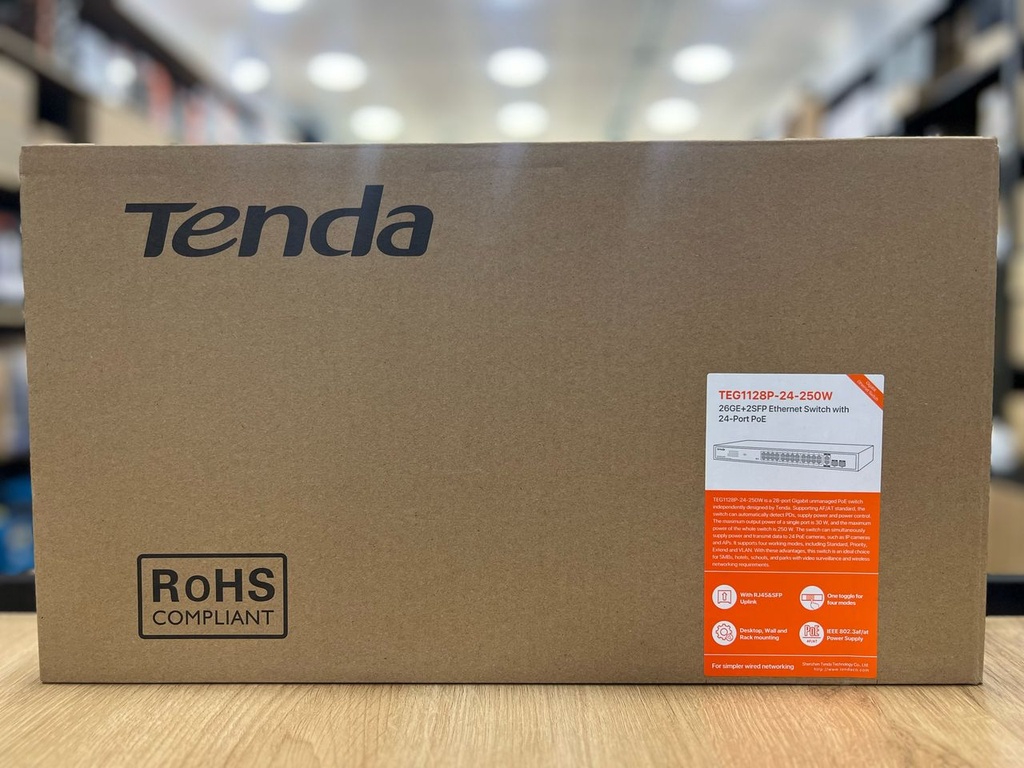 [TEN-TEG1128P24-250W] Switch Tenda 24 Ports 10/100/1000 PoE 2 SFP Giga250W