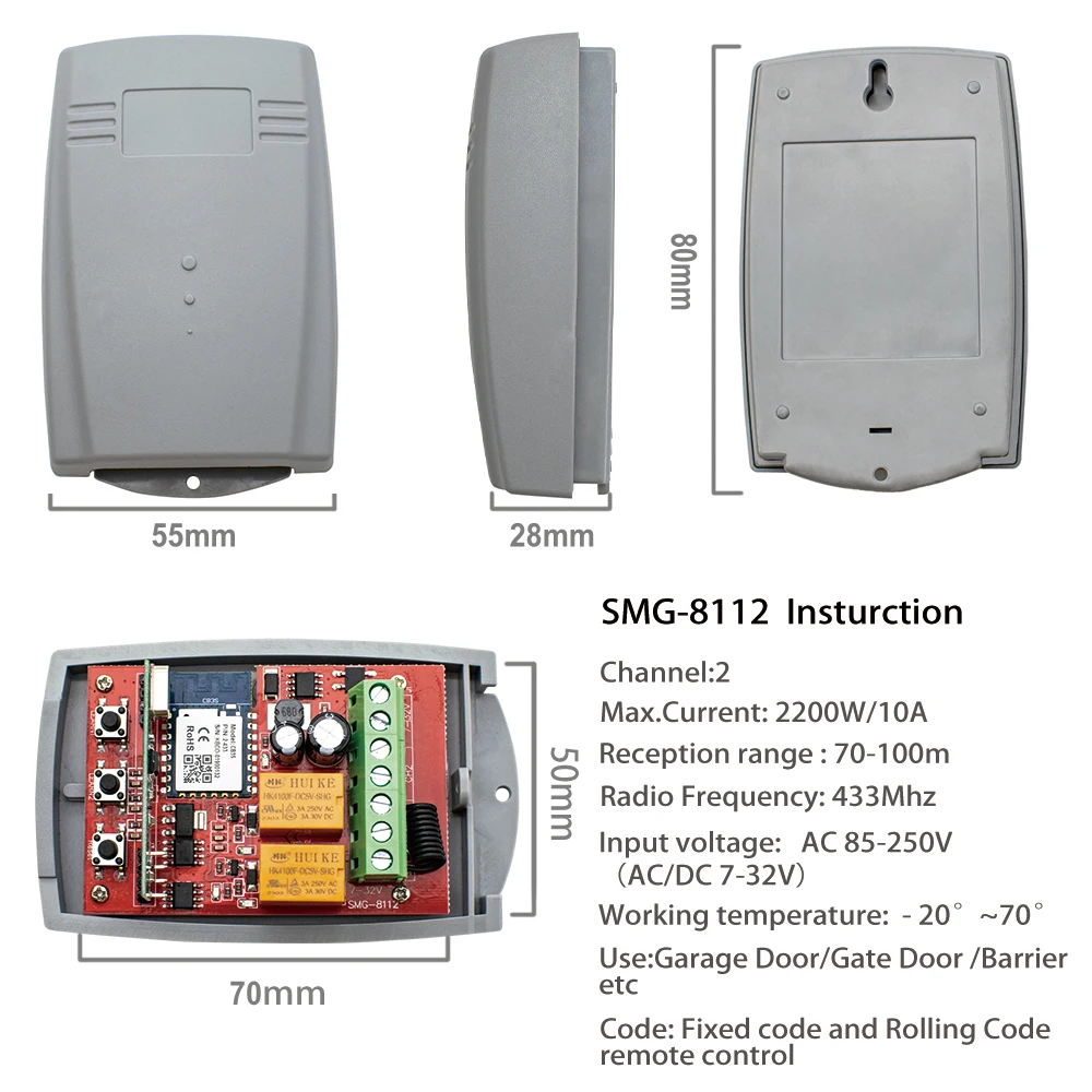[SMG-8112-85V-250V] Télécommande Smart récepteur universel de télécommande de porte de garage et de portail intelligent Wi-Fi et RF 433 MHz 85-250V