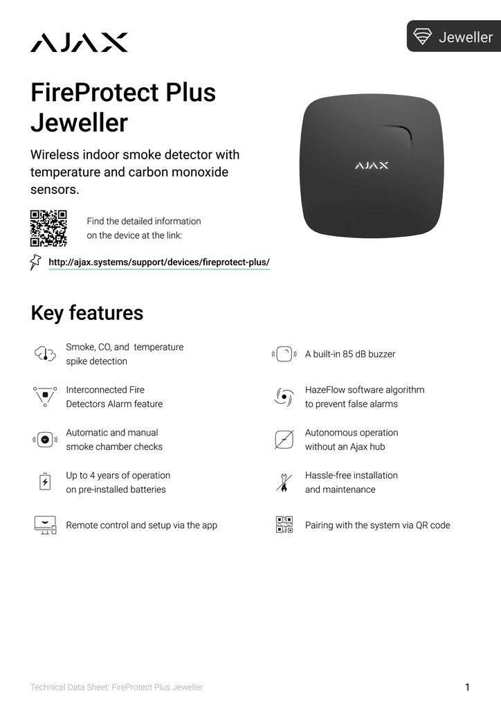 [FireProtect Plus] AJAX FireProtect Plus White - Wireless Fire Detector with Temperature and Carbon Oxide Sensors