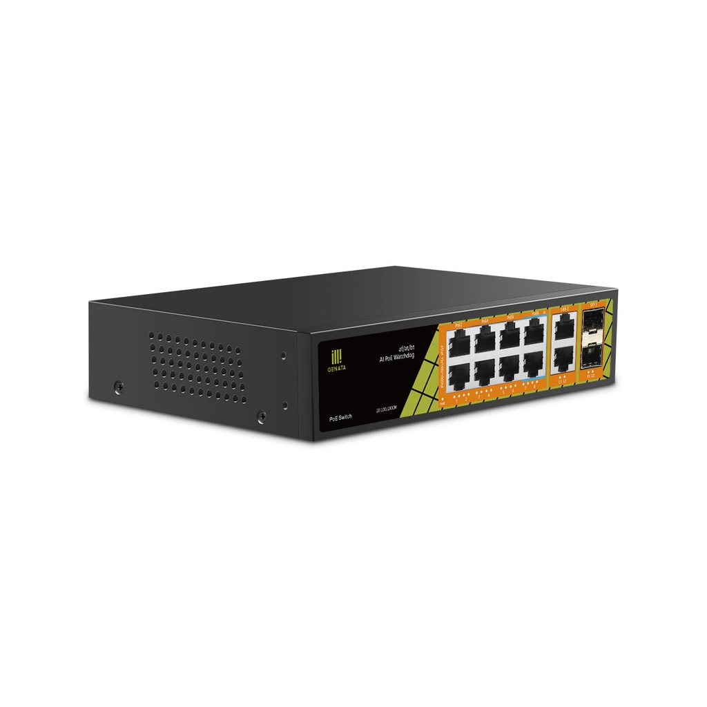 [GNT-P1210G7] GENATA Switch 08 Ports RJ45 Gigabit PoE Total Power 120W; POE de PORT 30W/60W cap 20Gbps 2xRJ45Giga UPLINK AI POE SWITCH / AI WATCHDOG GNT-P1210G7